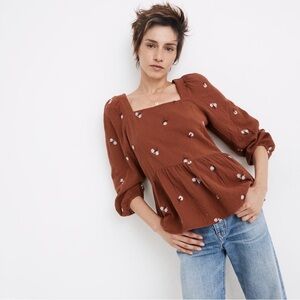 Madewell Amie Floral Embroidered Lightspun Millbrook Puff-Sleeve Peplum Top XL